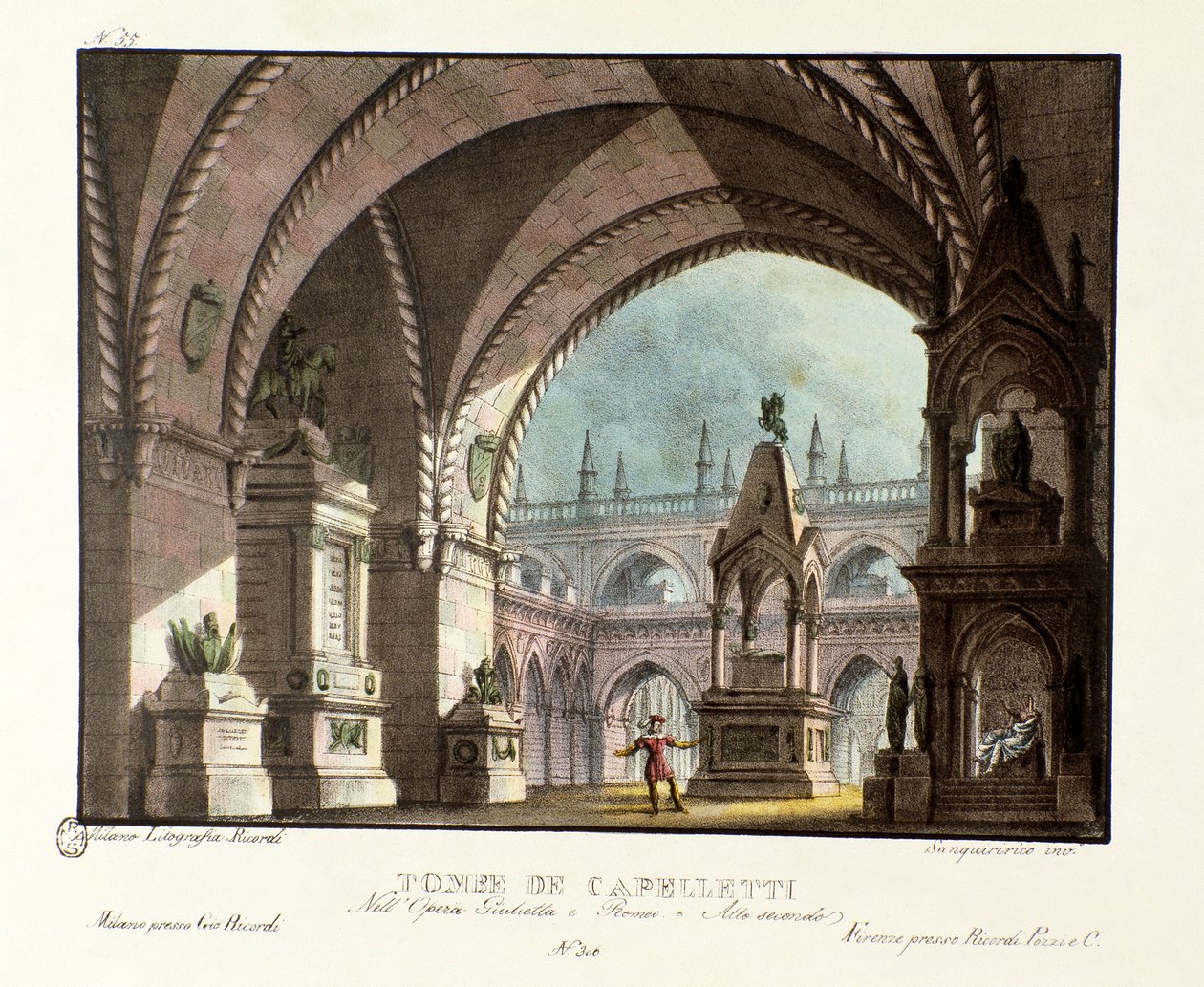 Das Grab der Familie Capulet (Capuleti) Bühnenbild für die Aufführung der Oper „Giulietta e Romeo“ (Juliet und Romeo) (1796) von Niccolo Antonio Zingarelli nach William Shakespeares Stück „Romeo und Julia“ im Teatro Carcano 1829 von Alessandro Sanquirico