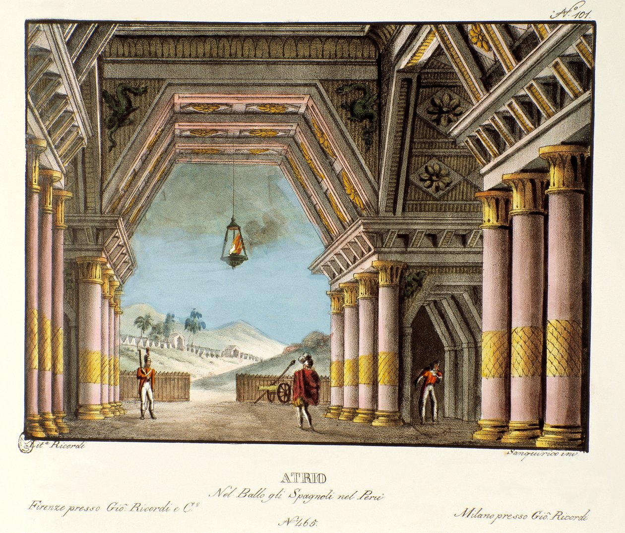 Ansicht eines großen Palastraums. Bühnenbild für das Ballett „Gli spagnoli nel Peru“ von Giovanni Galzerani (1780-1865) (1828). Lithographie in „Raccolta di invenzioni sceniche del 1830“ von Alessandro Sanquirico (1777-1849). Mailand von Alessandro Sanquirico