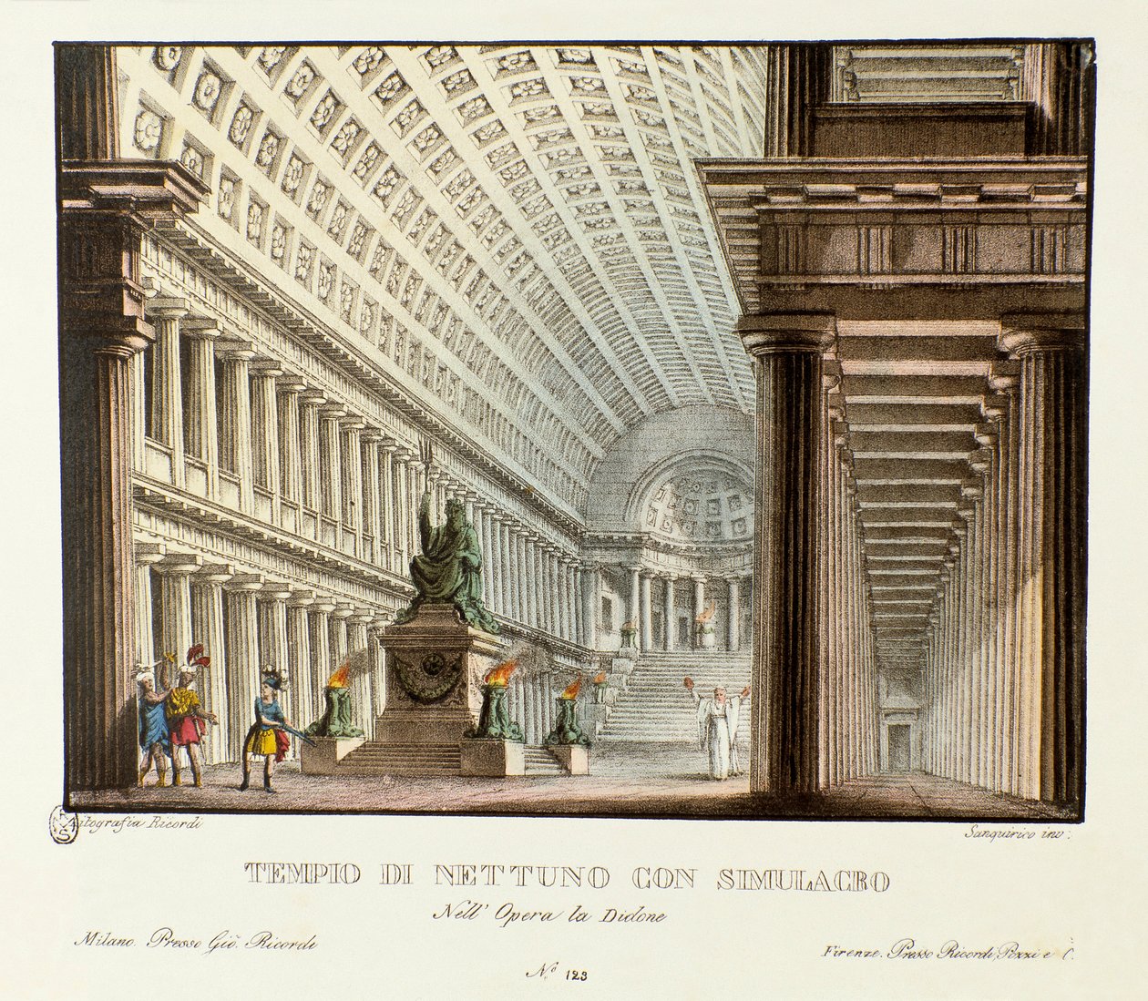 Ansicht des Tempels von Neptun. Szenografie für die Aufführung der lyrischen Tragödie „Didone“ (1783) von Niccolo Vito Piccinni nach der Oper von Metastasio. Lithografie in „Raccolta di invenzioni sceniche del 1830 di Alessandro Sanquirico“ von Alessandro Sanquirico