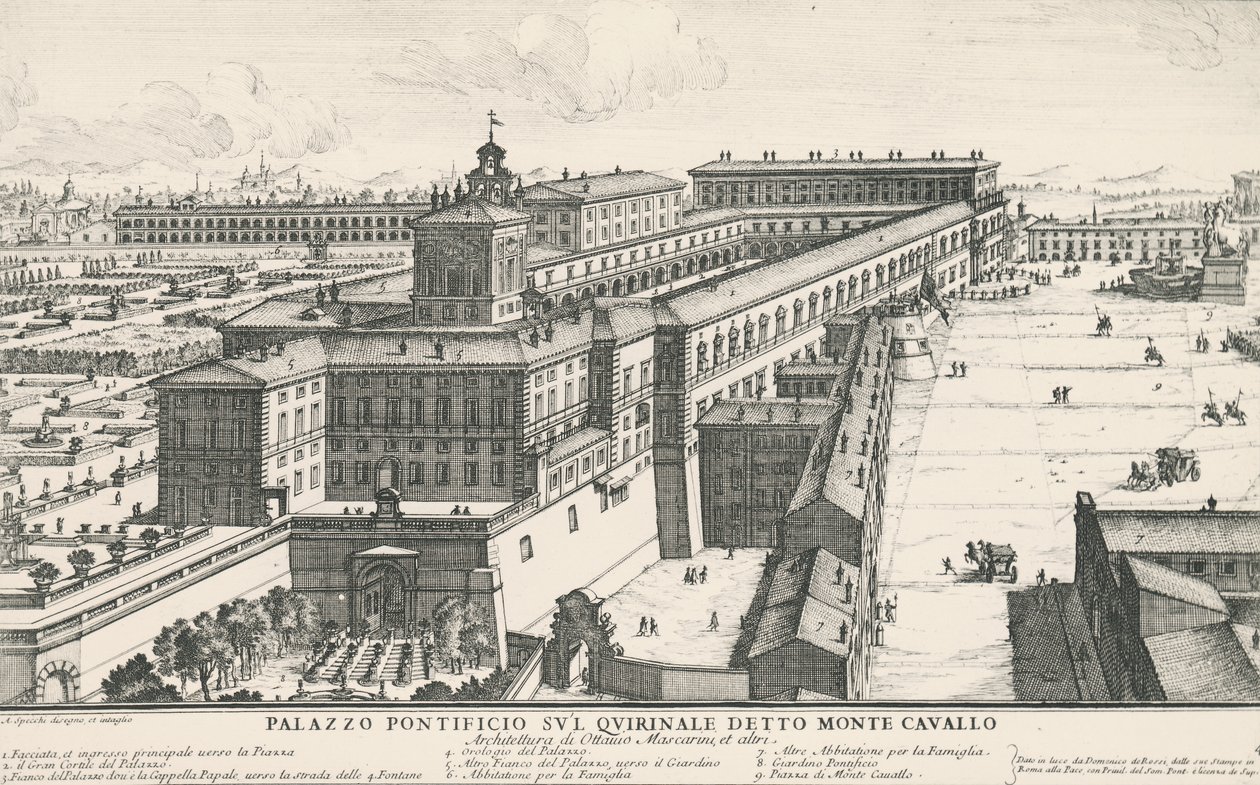 Palast des Papstes auf dem Quirinalshügel, auch bekannt als Monte Cavallo, Zeichnung und Gravur von Alessandro Specchi (1668-1729), Italien von Alessandro Specchi