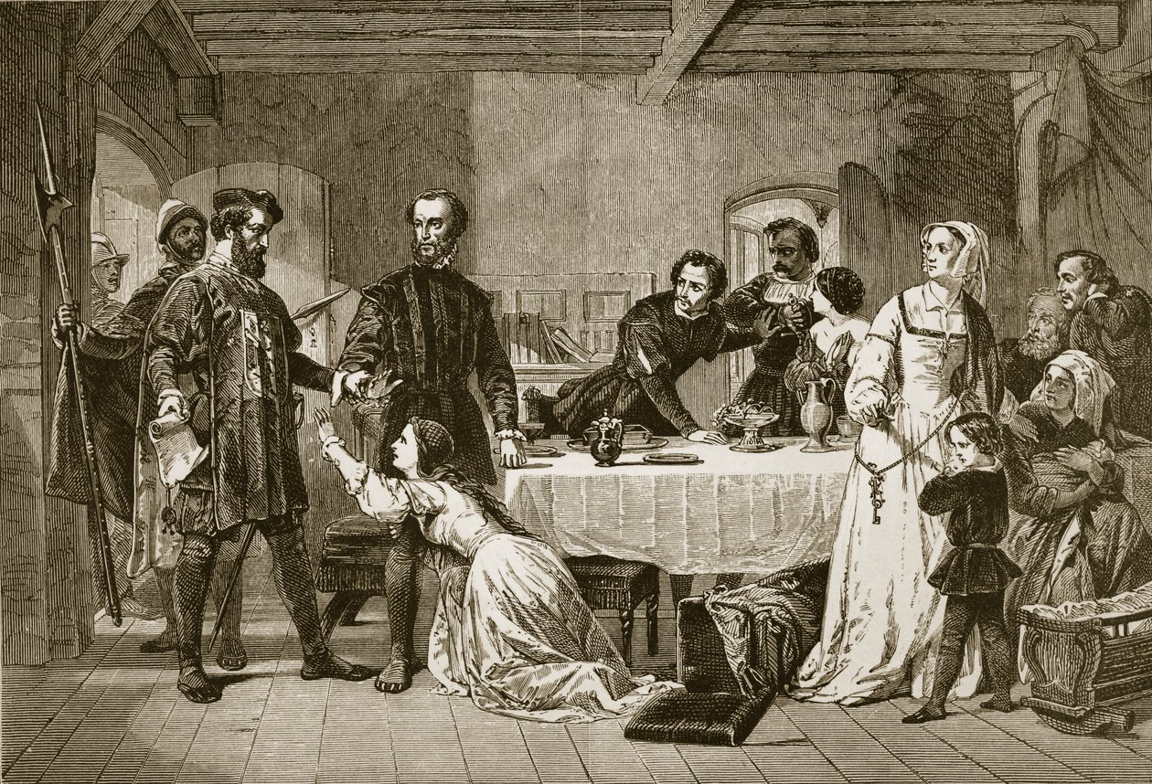 Die Verhaftung von John Brown von Ashford, ein Lollarde, 1517, graviert von J. und G.P. Nicholls von Alexander Johnston