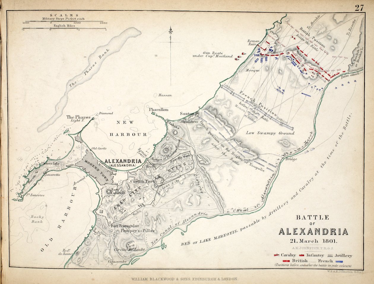 Karte der Schlacht von Alexandria, veröffentlicht von William Blackwood and Sons, Edinburgh und London, 1848 von Alexander Keith Johnston