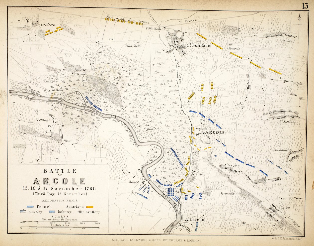 Karte der Schlacht von Arcole, veröffentlicht von William Blackwood und Sons, Edinburgh und London, 1848 von Alexander Keith Johnston