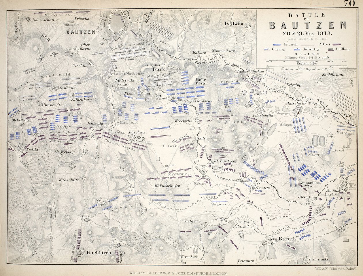 Karte der Schlacht von Bautzen, veröffentlicht von William Blackwood and Sons, Edinburgh und London, 1848 von Alexander Keith Johnston