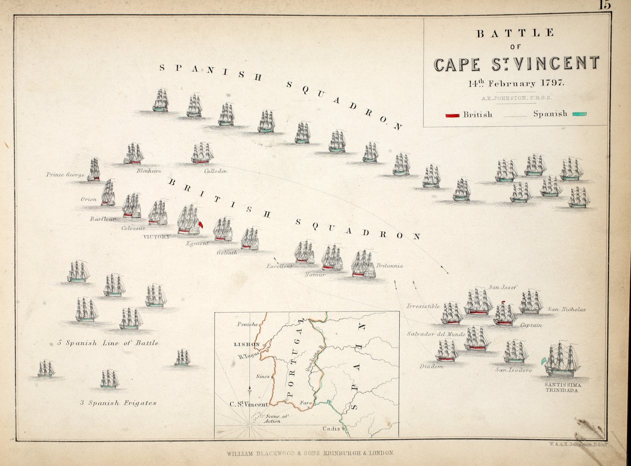 Karte der Schlacht von Kap St. Vincent, veröffentlicht von William Blackwood and Sons, Edinburgh und London, 1848 von Alexander Keith Johnston