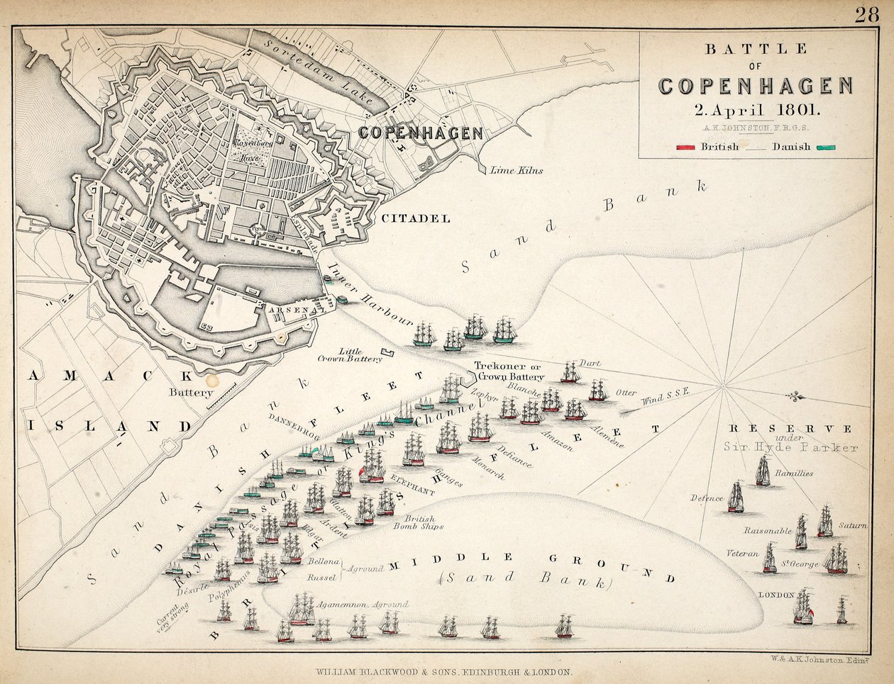 Karte der Schlacht von Kopenhagen, veröffentlicht von William Blackwood and Sons, Edinburgh und London, 1848 von Alexander Keith Johnston