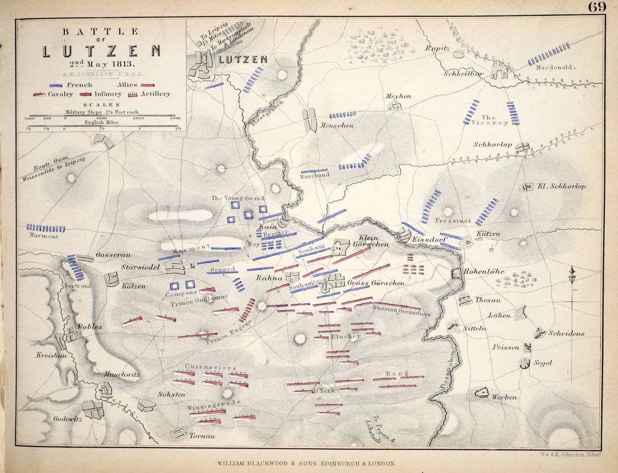 Karte der Schlacht von Lützen, veröffentlicht von William Blackwood and Sons, Edinburgh und London, 1848 von Alexander Keith Johnston