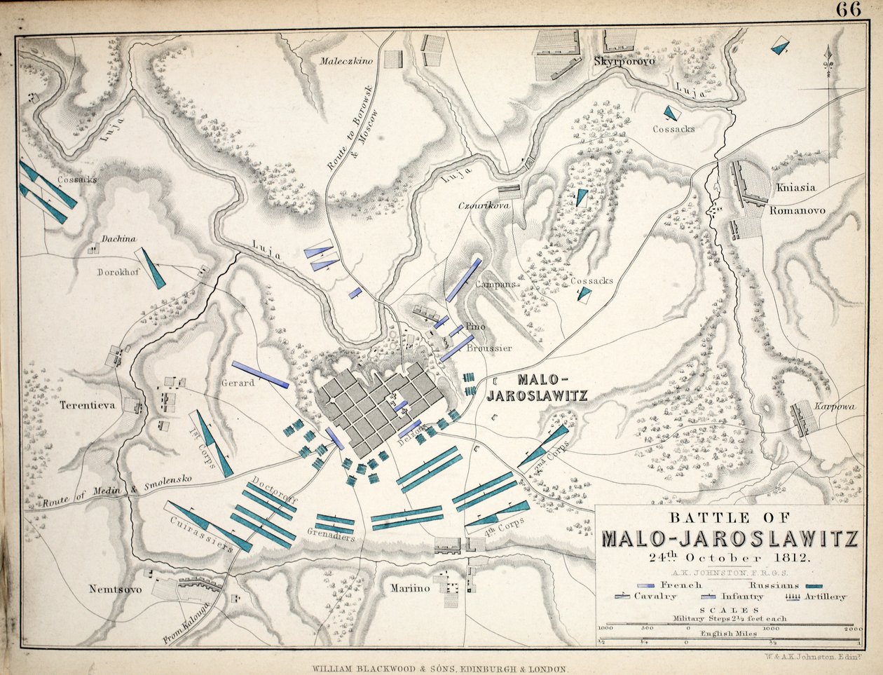 Karte der Schlacht von Malo-Jaroslawitz, veröffentlicht von William Blackwood and Sons, Edinburgh und London, 1848 von Alexander Keith Johnston