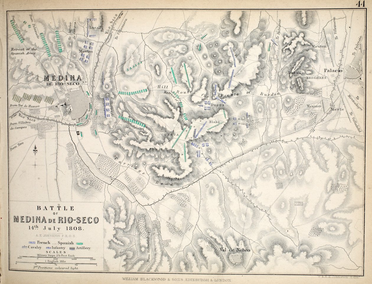 Karte der Schlacht von Medina de Rio-Seco, veröffentlicht von William Blackwood und Sons, Edinburgh und London, 1848 von Alexander Keith Johnston