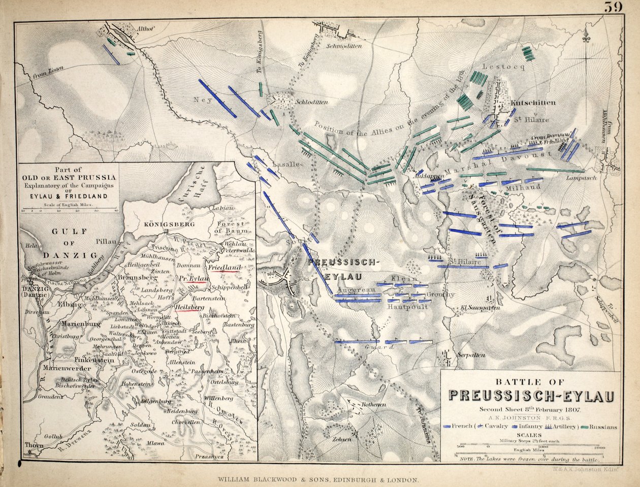 Karte der Schlacht von Preußisch-Eylau, veröffentlicht von William Blackwood and Sons, Edinburgh und London, 1848 von Alexander Keith Johnston
