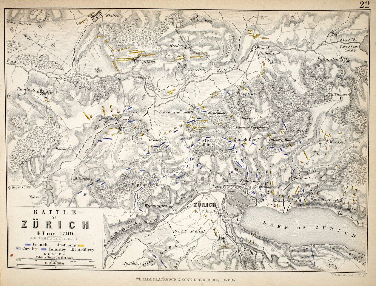 Karte der Schlacht von Zürich, veröffentlicht von William Blackwood und Sons, Edinburgh und London, 1848 von Alexander Keith Johnston