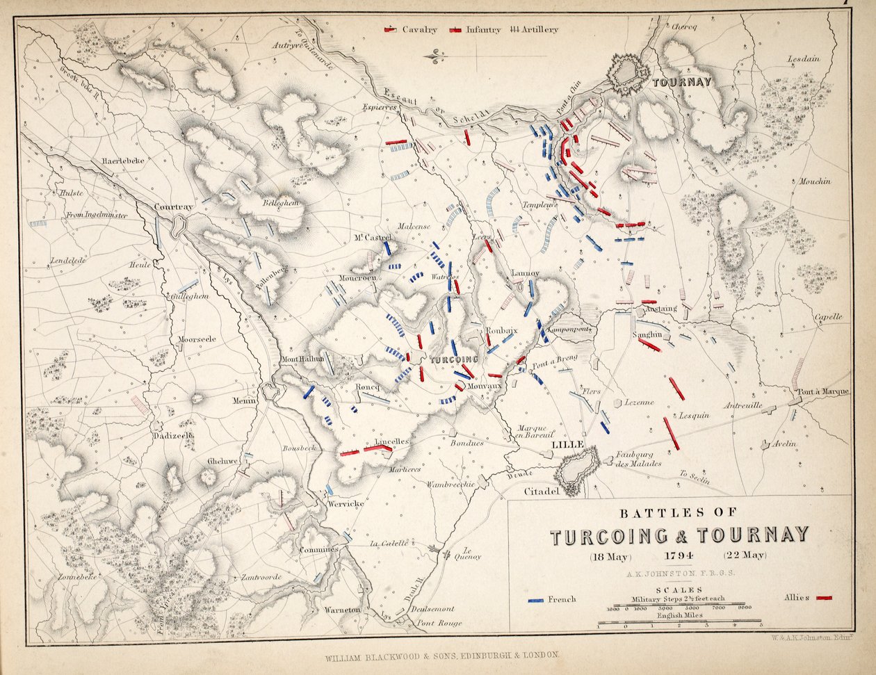 Karte der Schlachten von Turcoing und Tournay, veröffentlicht von William Blackwood und Sons, Edinburgh und London, 1848 von Alexander Keith Johnston