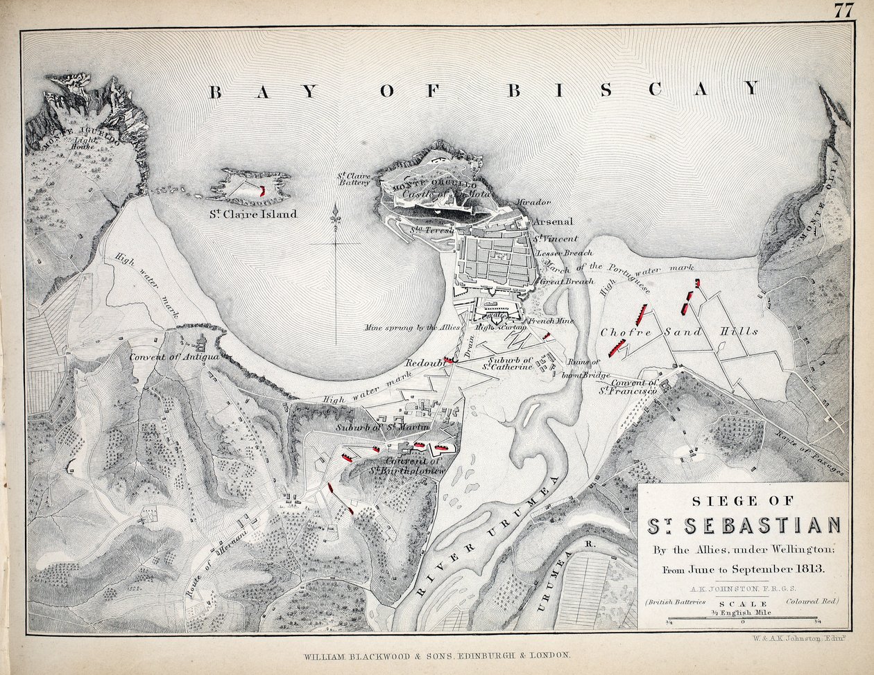 Karte der Belagerung von St. Sebastian, veröffentlicht von William Blackwood und Sons, Edinburgh und London, 1848 von Alexander Keith Johnston