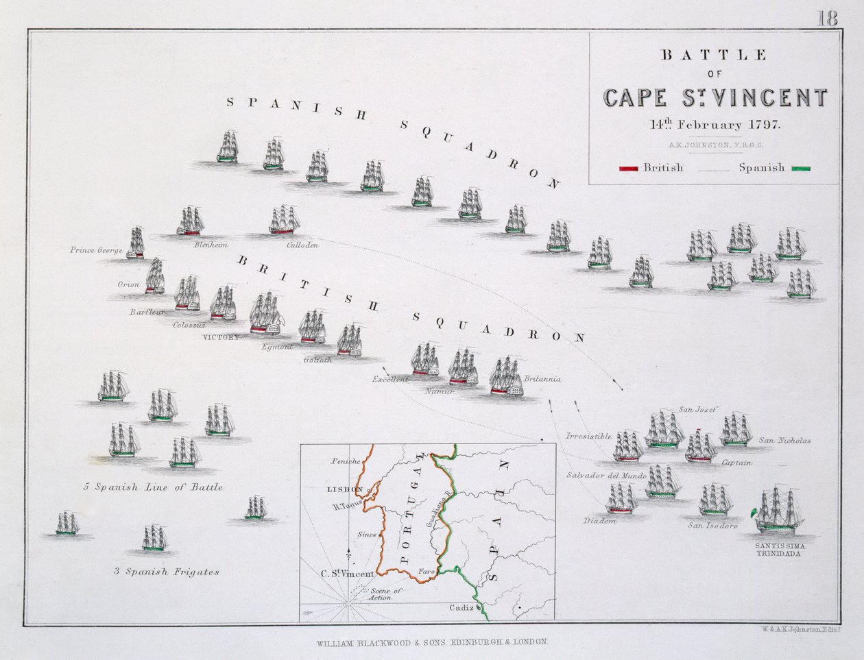 Plan der Schlacht von Kap St. Vincent, 14. Februar 1797, ca. 1830er Jahre von Alexander Keith Johnston