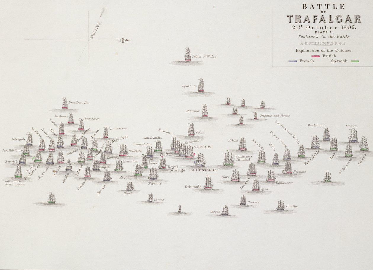 Die Schlacht von Trafalgar, 21. Oktober 1805, Positionen in der Schlacht, ca. 1830er Jahre von Alexander Keith Johnston