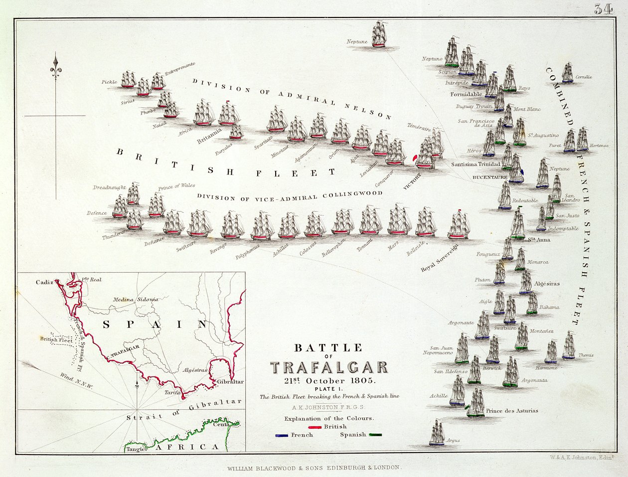 Die Schlacht von Trafalgar, 21. Oktober 1805, Die Briten durchbrechen die französische und spanische Linie, ca. 1830er Jahre von Alexander Keith Johnston