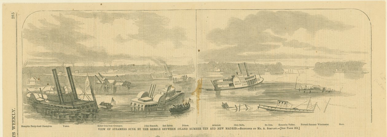 Druck von zerstörten Dampfschiffen mit einer Flussinsel im Hintergrund von Alexander Simplot