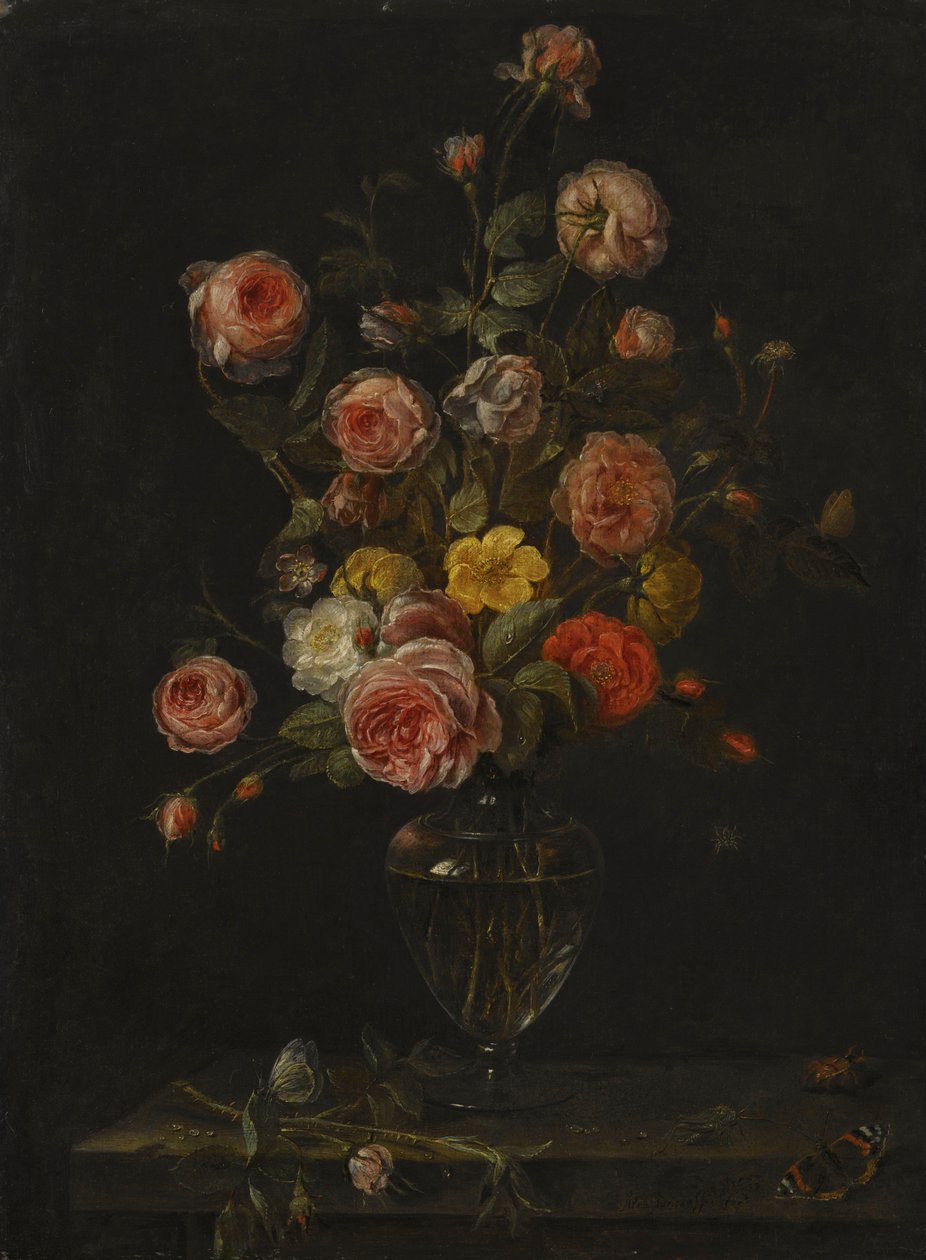 Ein Stillleben mit roten, weißen und rosa Rosen in einer Glasvase über einem Steinsims mit Schmetterlingen, einer Heuschrecke und einem Käfer von Alexander Adriaenssen