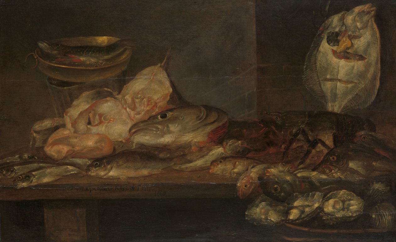 Stillleben mit Fisch und Hummer und Austern auf einem Tisch von Alexander Adriaenssen