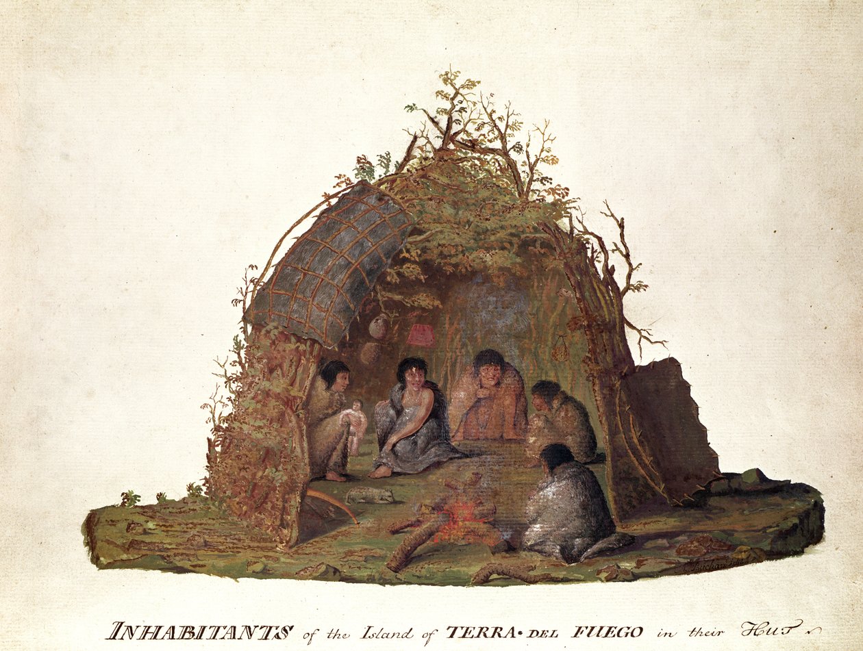 Bewohner der Insel Terra del Fuego in ihrer Hütte von Alexander Buchan