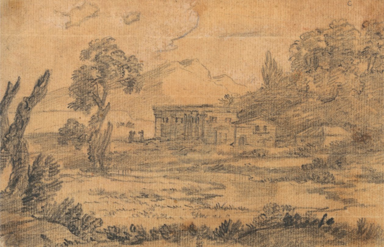 Gebäude an einem Fluss mit Hügeln im Hintergrund von Alexander Cozens