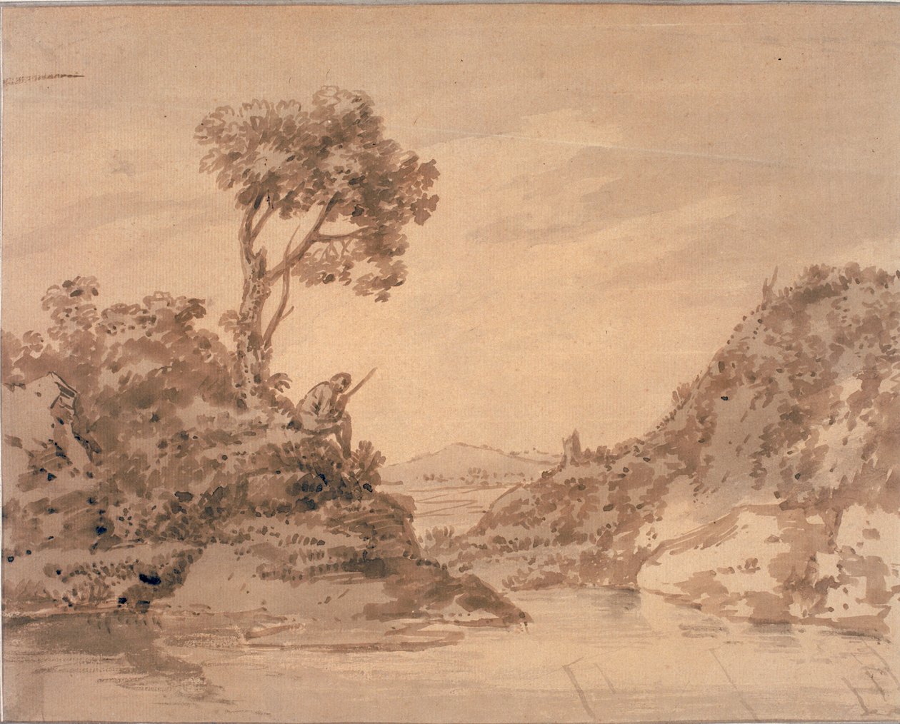 Landschaft mit Figur am Ufer eines Teiches von Alexander Cozens