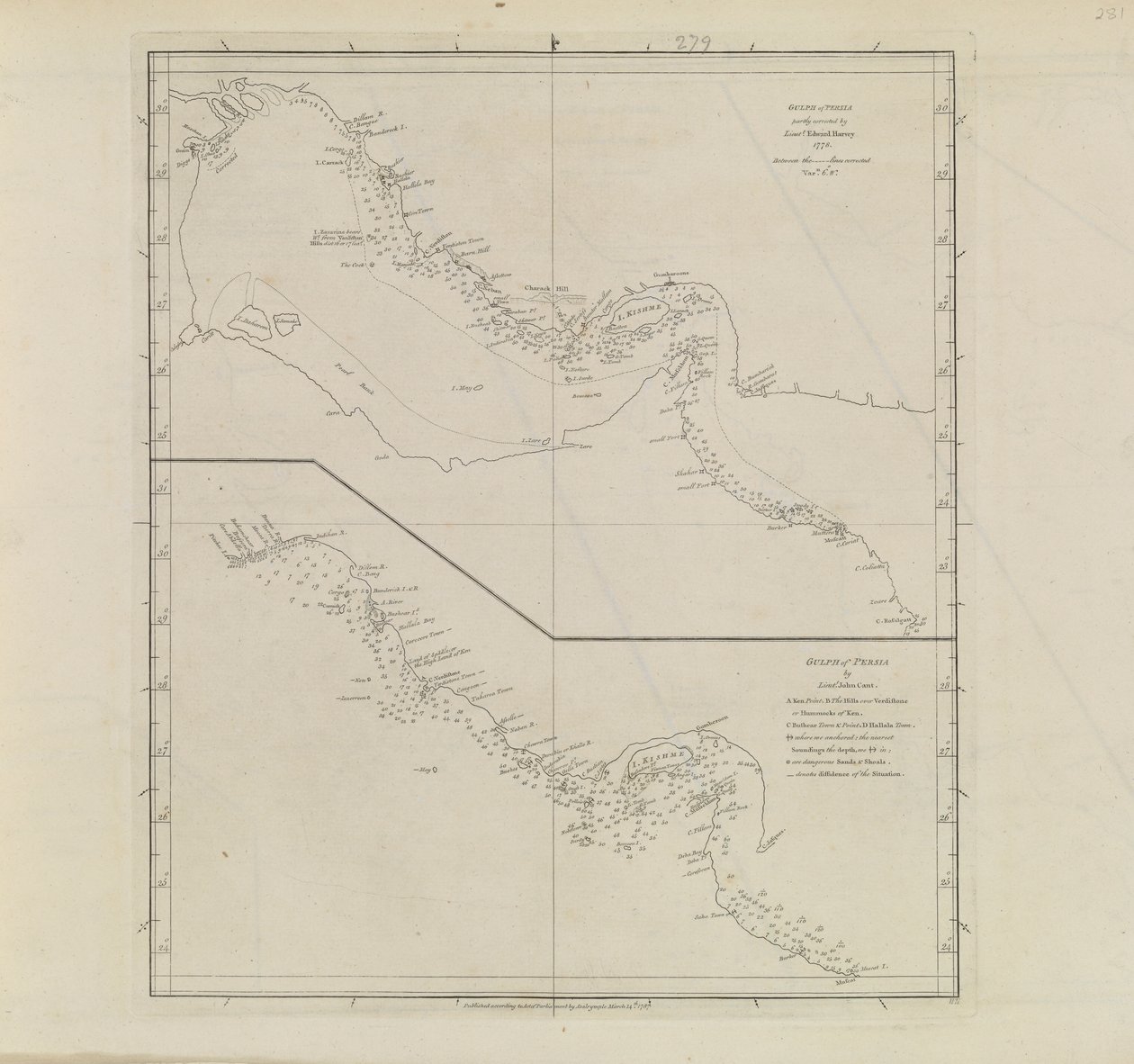 Pläne von Häfen, Dalrymple, Alexander veröffentlicht 1791 ID Nummer 41167-2001 Ein Plan der Persischen Golfregion, teilweise korrigiert von Leutnant Edward Harvey 1778 von Alexander Dalrymple