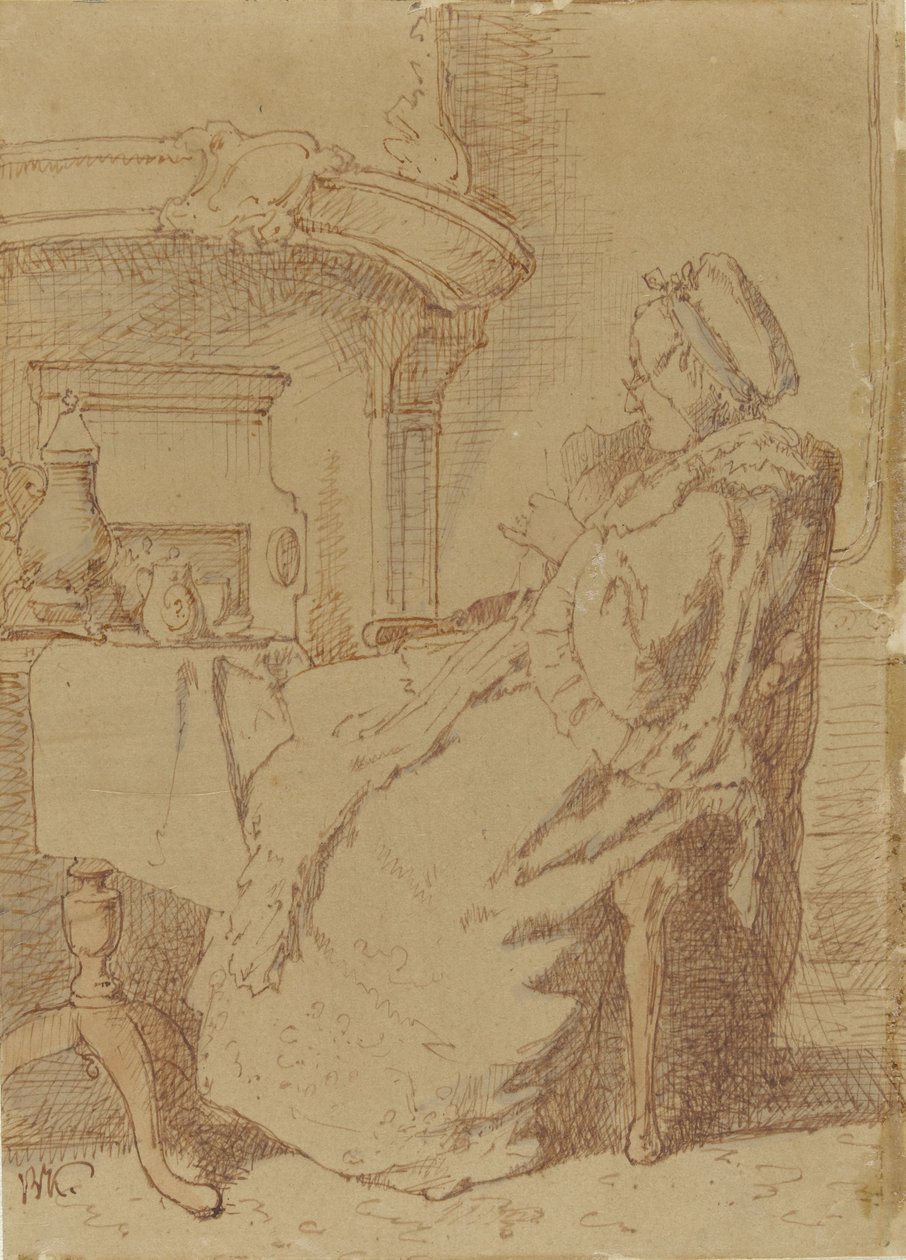 Sitzende, strickende alte Frau an einem Tisch von Alexander Hugo Bakker Korff