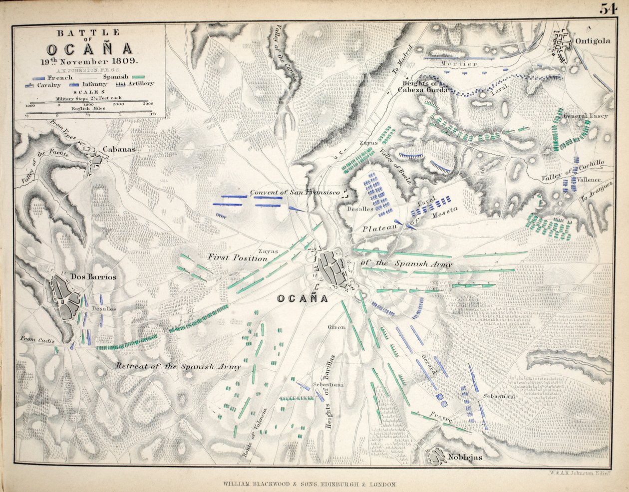 Karte der Schlacht von Ocana, veröffentlicht von William Blackwood and Sons, Edinburgh und London, 1848 von Alexander Keith Johnston
