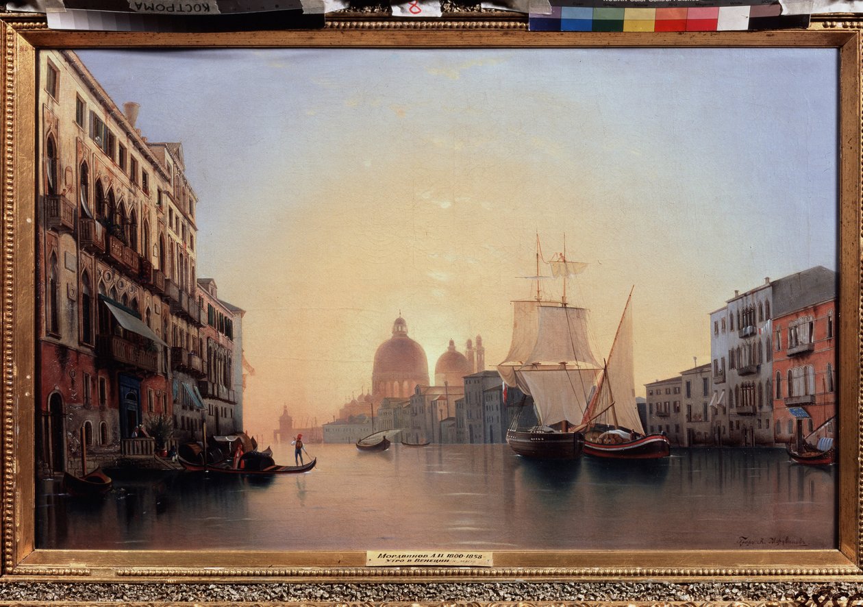 Morgen in Venedig. Segelboote und Gondel auf dem Canal Grande mit der Basilika Santa Maria della Salute im Hintergrund von Alexander Nikolayevich Mordvinov