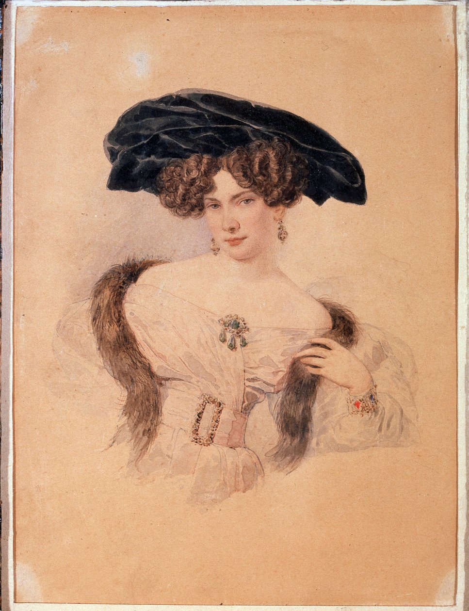 Porträt der Künstlerin Jewdokija Bakunina im schwarzen Barett von Alexander Pavlovich Briullov