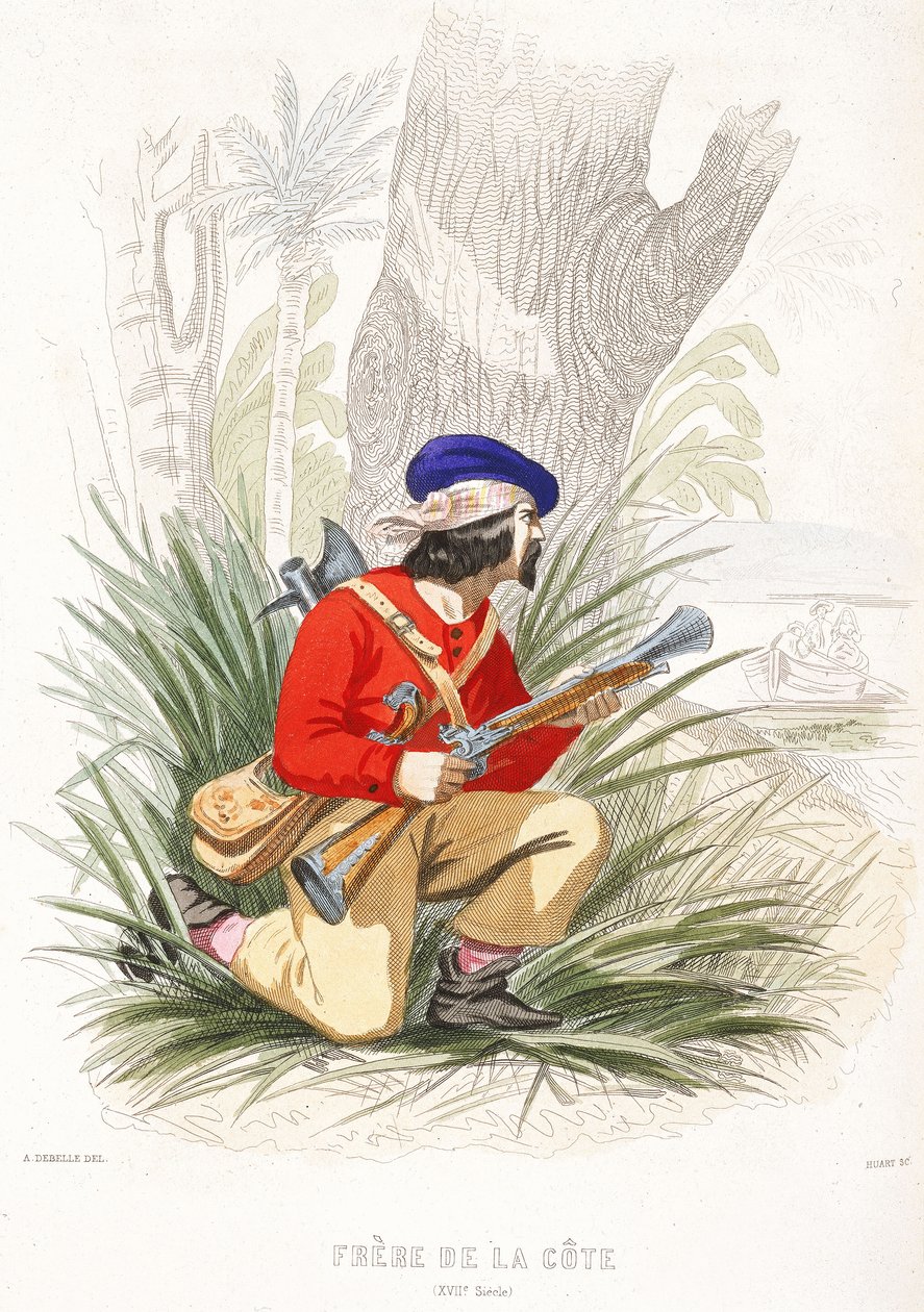 Ein Pirat bereitet einen Hinterhalt vor, Mitte des 19. Jahrhunderts (farbige Gravur) von Alexandre (after) Debelle