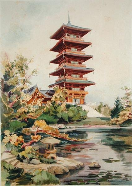 Japanischer Turm im Königlichen Park von Laeken, Belgien, aus Orientalisme et Architecture Contemporaine, graviert von Jules Adolphe Chauvet (geb. 1828) von Alexandre Auguste Louis Marcel