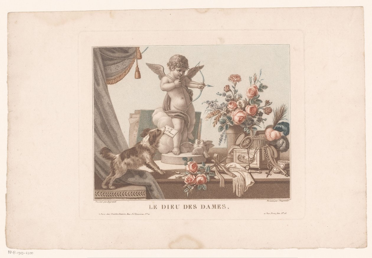 Stillleben auf einem Tisch mit einem Hund und einer Statue von Cupido von Alexandre Chaponnier