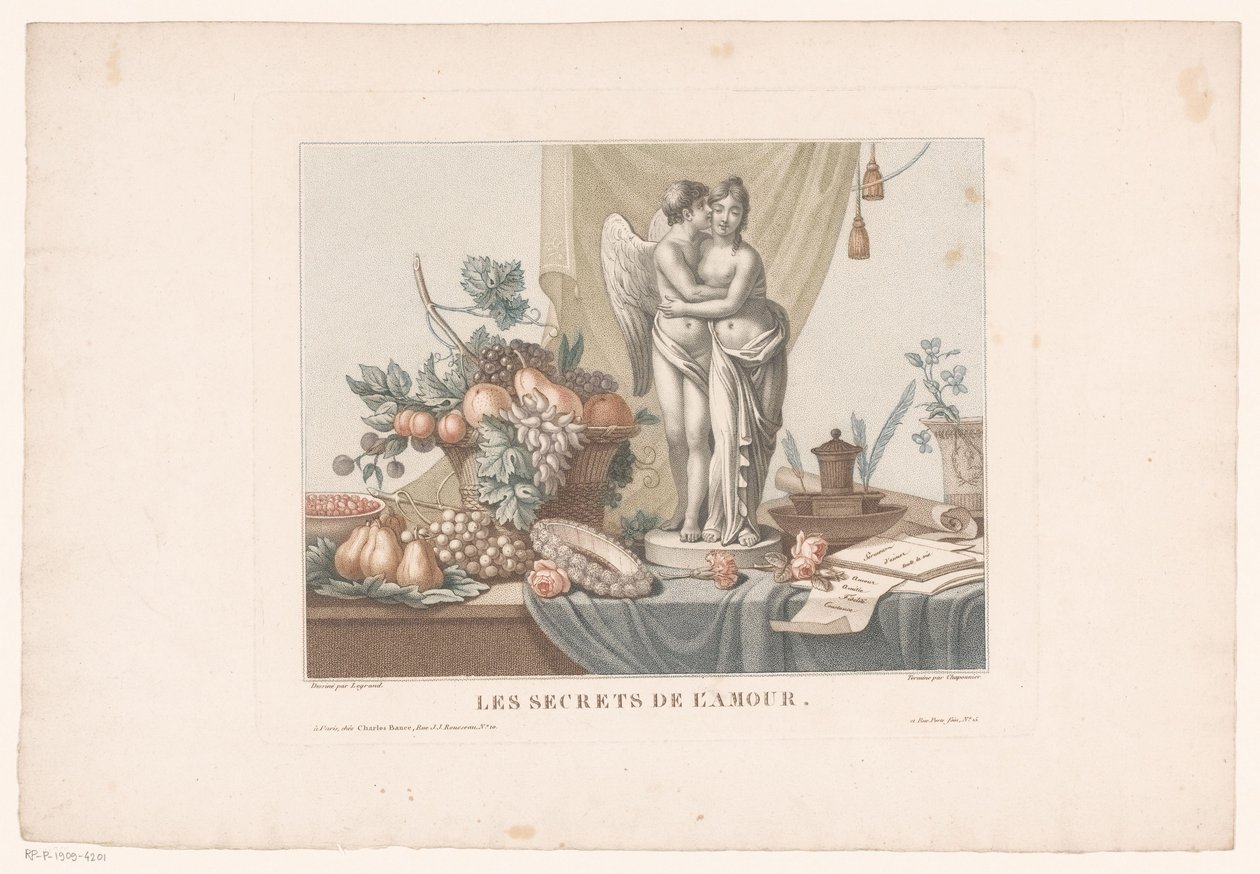 Stillleben auf einem Tisch mit einer Statue von Cupido und einer jungen Frau, möglicherweise Venus von Alexandre Chaponnier