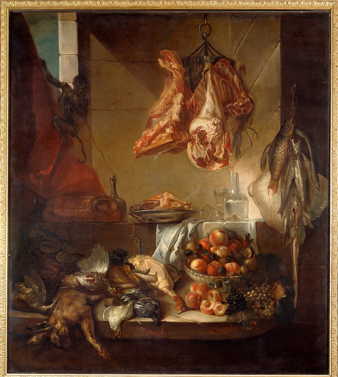 Küchenstillleben mit Wild, Obst und Fleisch. Gemälde von François Desportes (1661-1743), 18. Jahrhundert. Châlons-sur-Marne, Musée des Beaux-Arts von Alexandre-Francois Desportes