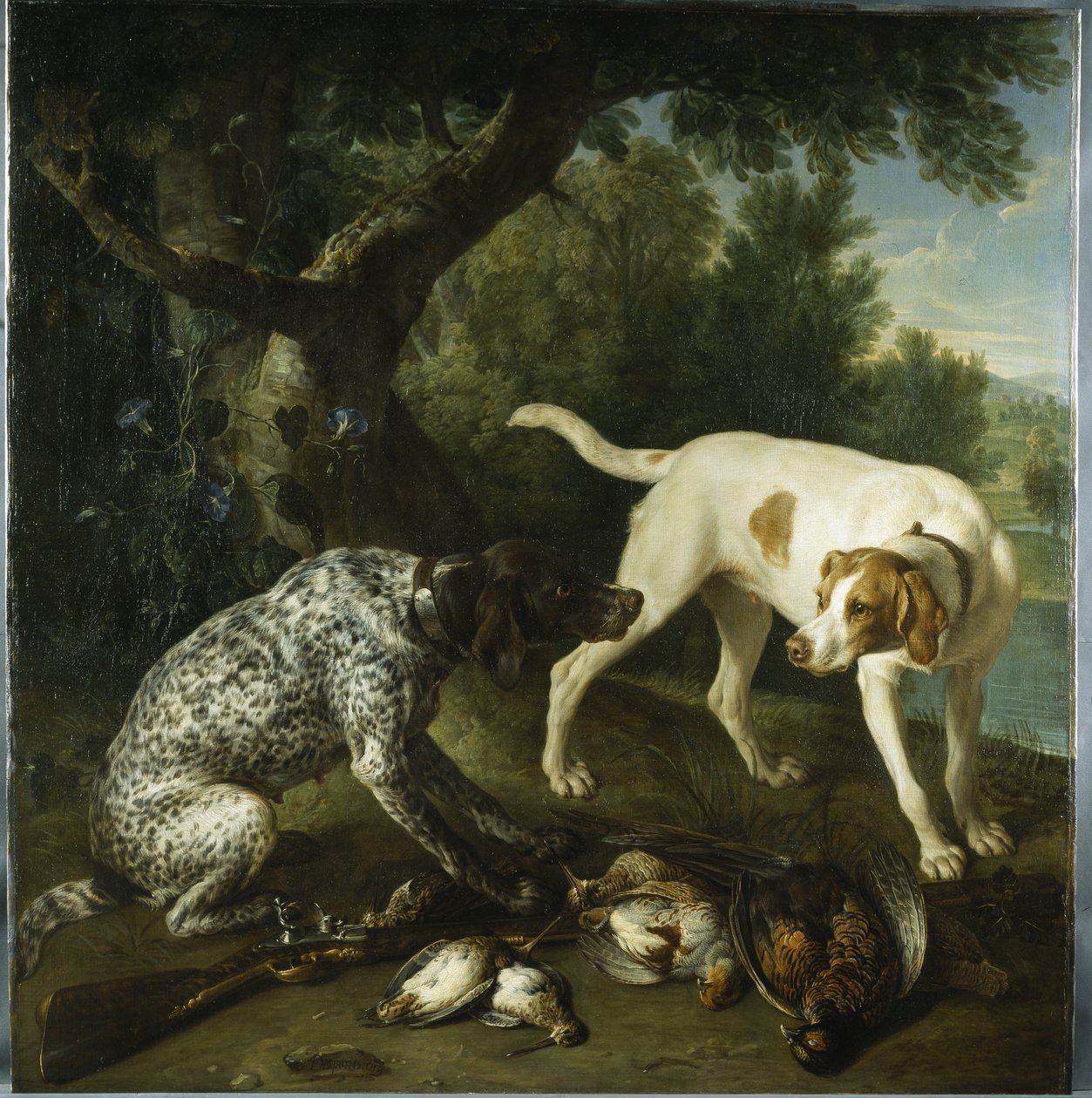 Zwei Zeigerhunde des 3. Earl of Burlington mit erlegtem Wild in einer Landschaft von Alexandre Francois Desportes