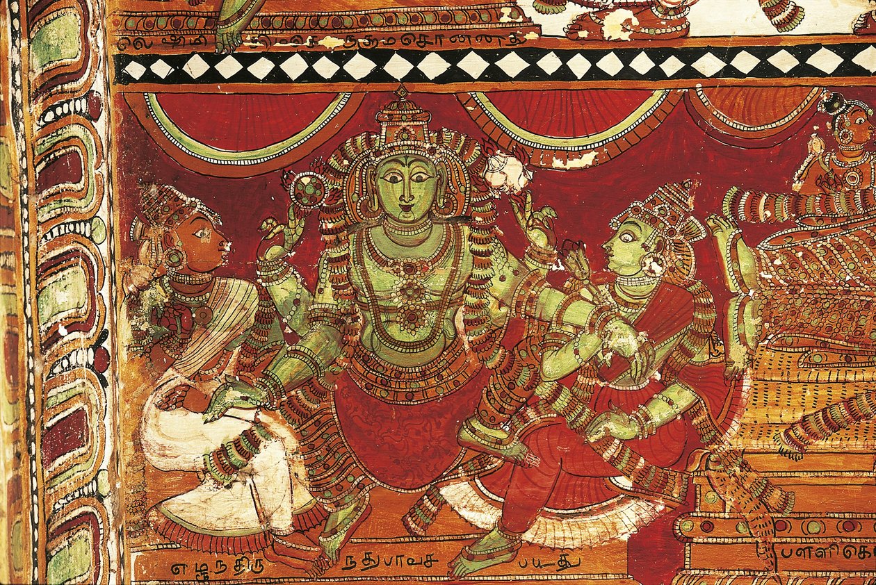 Visnu, Detail aus Fresken, die das Leben von Shiva darstellen, im Schrein für Parvati, Nataraya-Tempel, Chidambaram, Tamil Nadu, Indien, 5. Jahrhundert von Nicolas Toussaint Charlet
