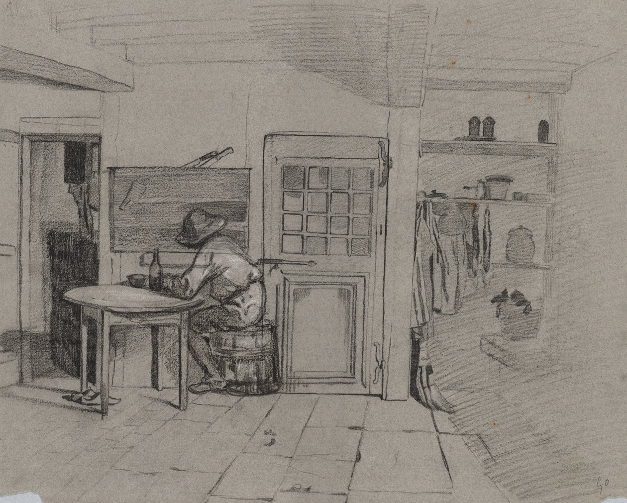 Ein Bauernhausinterieur mit einem Jungen am Tisch von Alexandre Gabriel Decamps