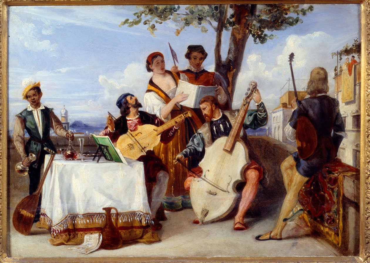 Das venezianische Konzert. Musiker (Cello, Laute, Violine) und Sänger auf einer Terrasse, bedient von einem schwarzen Diener. Gemälde von Alexandre Hesse (1806-1879) 19. Jahrhundert von Alexandre Jean Baptiste Hesse
