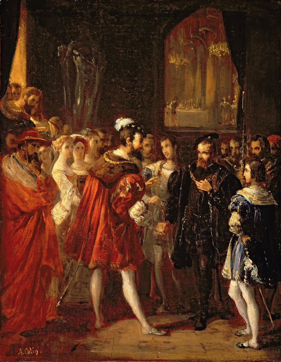 Karl V. (1500-58) wird von Franz I. (1494-1547) im Louvre empfangen, ca. 1843 von Alexandre Marie Colin
