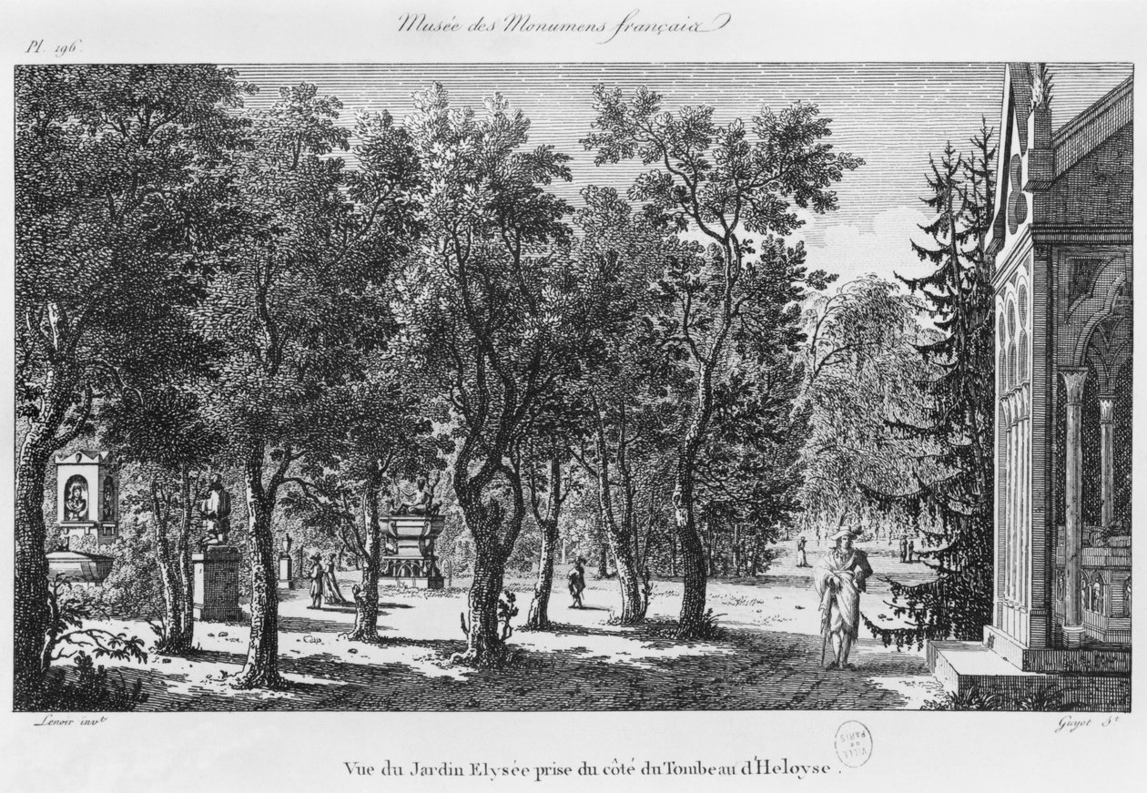 Musée des Monuments Français, Paris, Blick auf den Jardin Elysee vom Grab von Heloise und Abelard, graviert von Laurent Guyot (1756-1806) von Alexandre Marie Lenoir