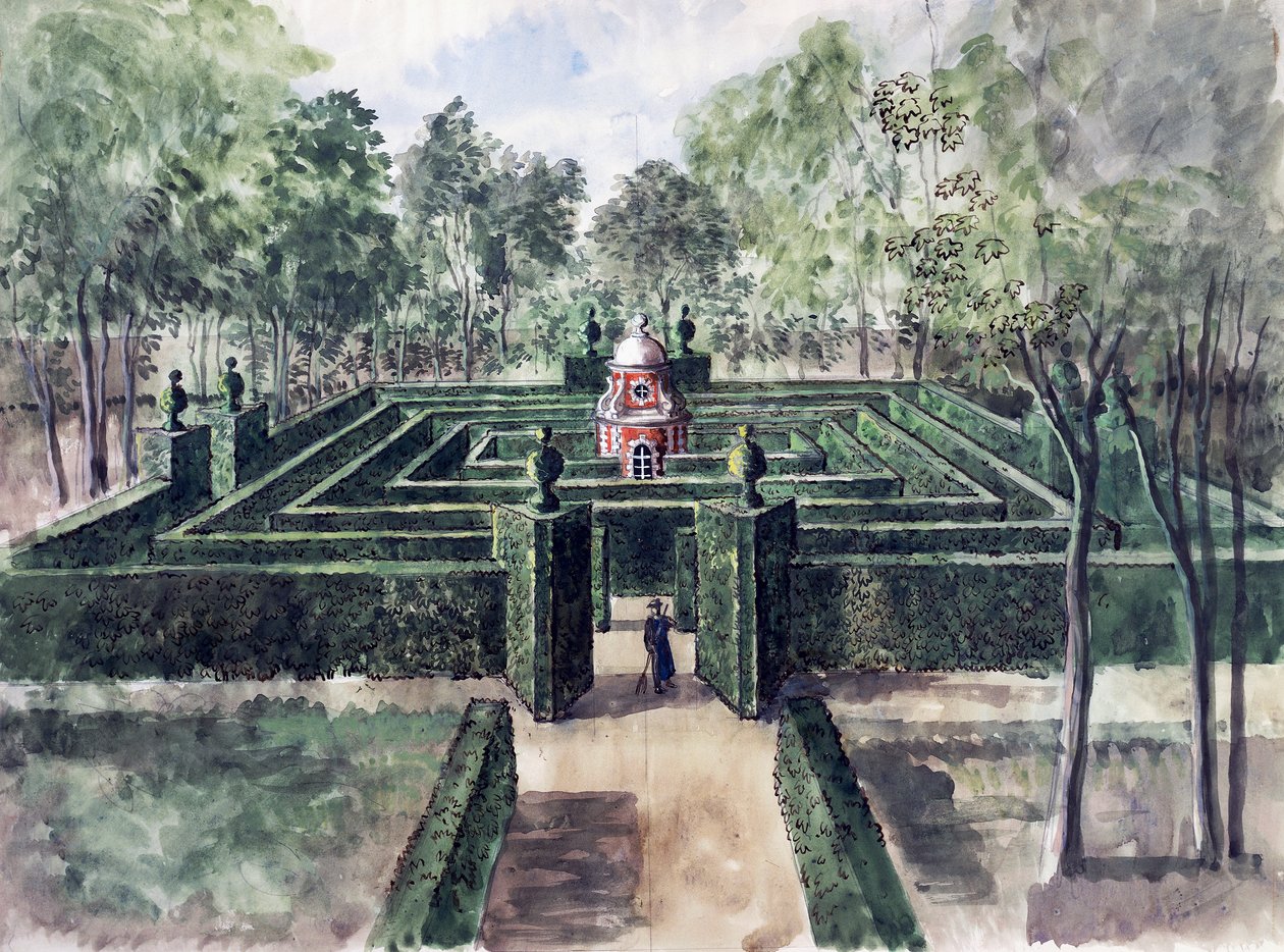 Chateau de Groussay, Labyrinth entworfen von Charles de Beistegui, von Alexandre Serebriakoff, Aquarell, Frankreich, 20. Jahrhundert von Alexandre Serebriakoff