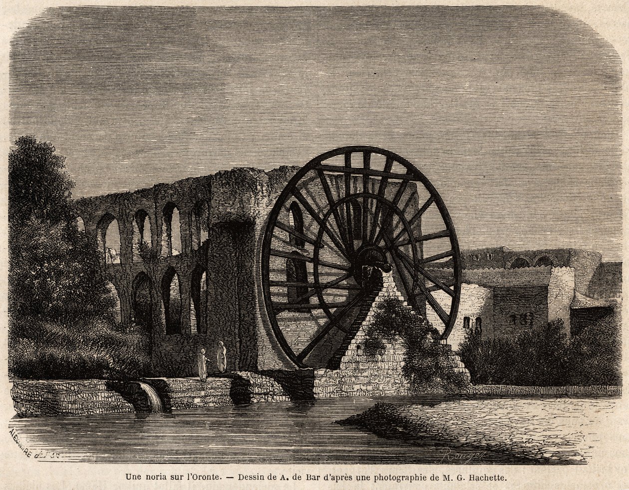La noria (hydraulische Maschine zur Anhebung des Wasserspiegels mit der durch die Strömung erzeugten Energie) am Orontes, einem Fluss im Nahen Osten, der Syrien bis zum Mittelmeer durchquert, Zeichnung von A.de Bar, zur Illustration der Mission von Ernest  von Alexandre de (after) Bar