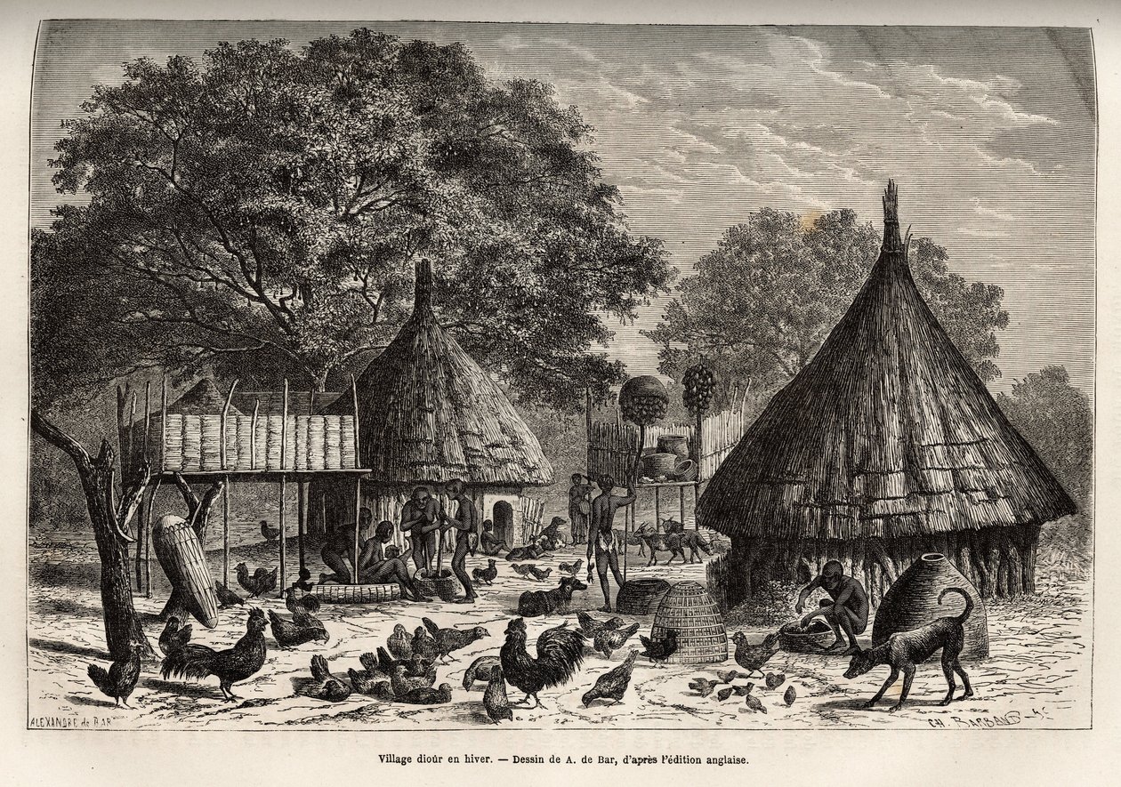 Dorf Diour im Winter (Sudan) und tägliche Aktivitäten der Bewohner inmitten von Tieren, die von der Gemeinschaft aufgezogen werden, Gravur nach der Zeichnung von A. de Bar, zur Illustration der Reise ins Herz Afrikas 1868-1871, von Dr. Georges Schweinfurt. von Alexandre de (after) Bar