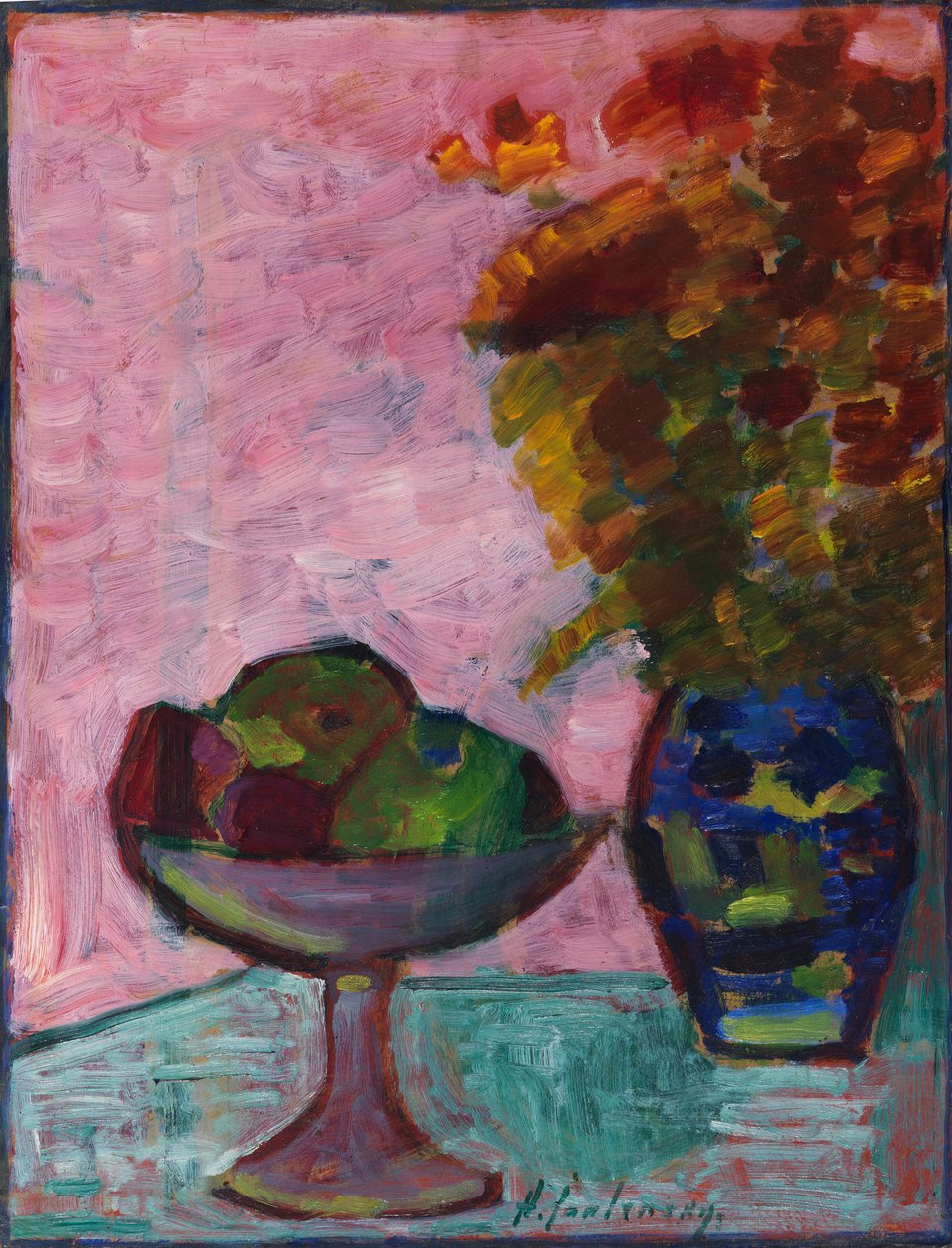 Stillleben mit Obstschale und Blumenvase, ca. 1932 von Alexei Javlensky von