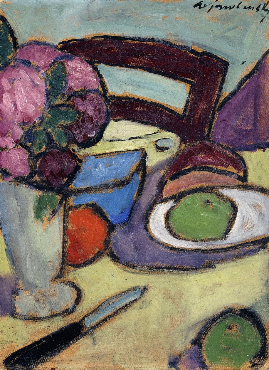 Stillleben mit Stuhl und Blumenstrauß von Alexej von Jawlensky