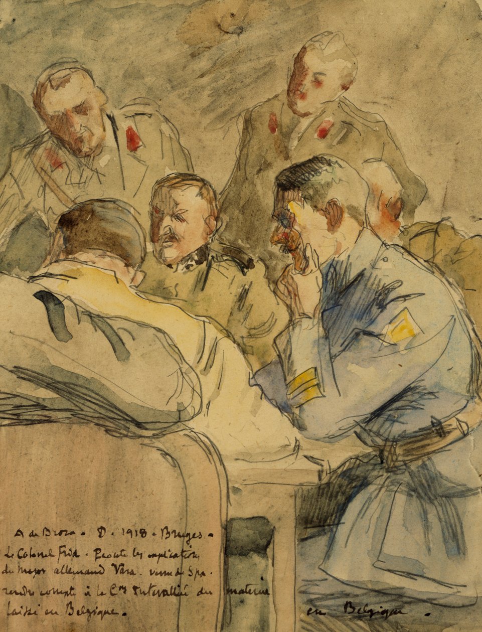 Oberst Frid hört dem deutschen Major Vara zu (Zeichnung) von Alexis de Broca