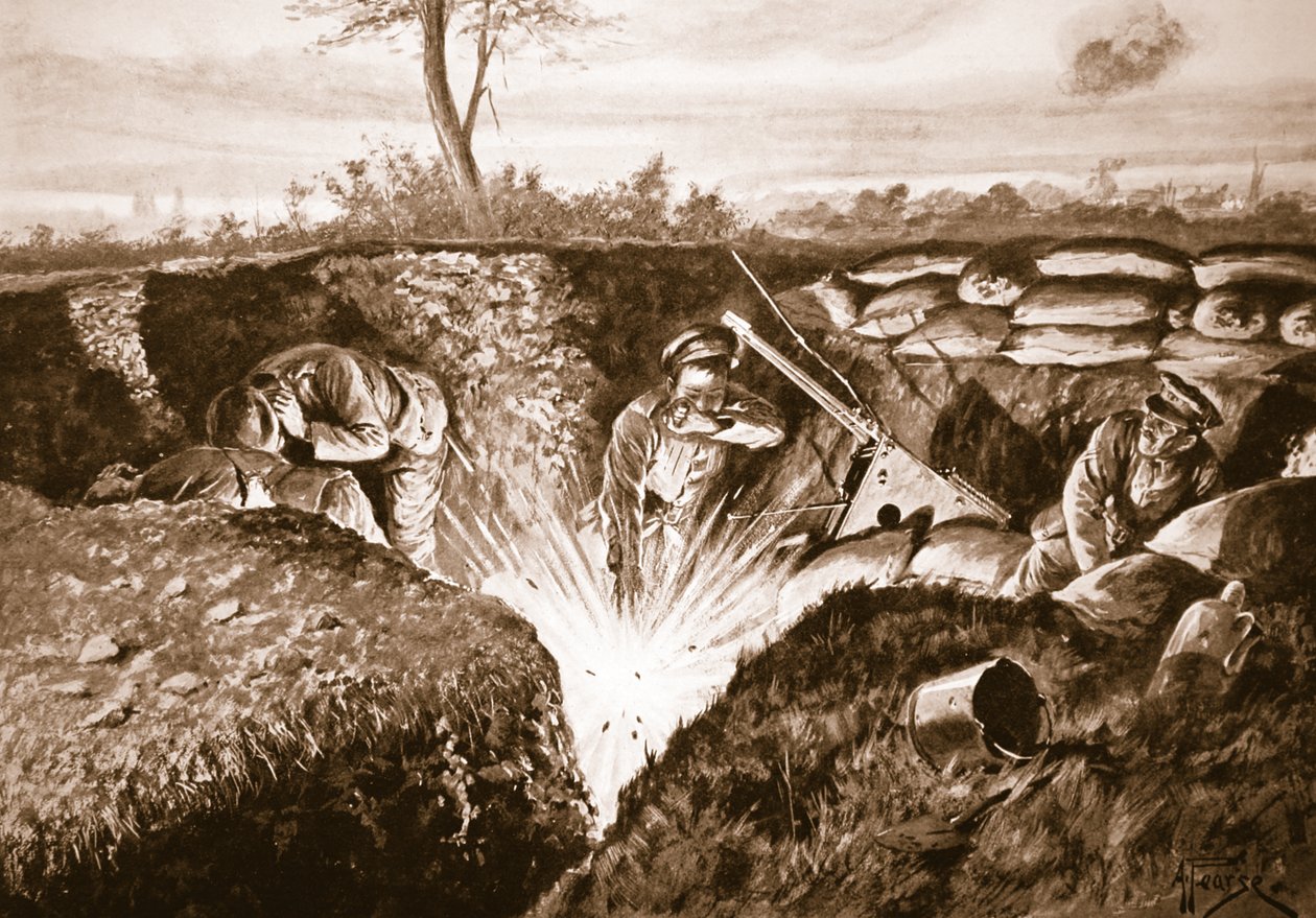 Eine explodierende Granate, die Leutnant Knox gerade aufheben und aus dem Graben werfen wollte von Alfred Pearse