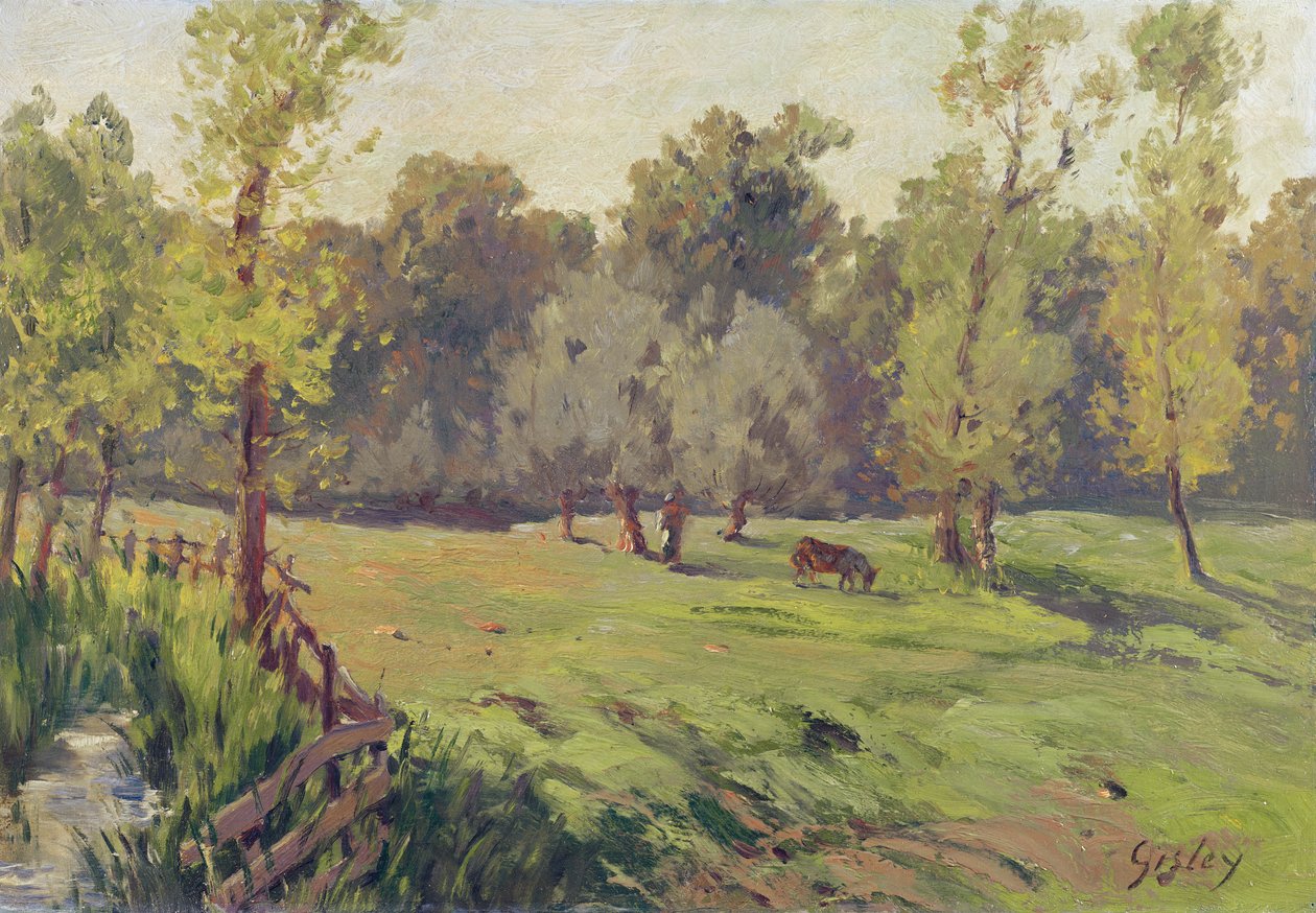 Eine Weide mit einem Bach und einem Gehege, um 1868 von Alfred Sisley